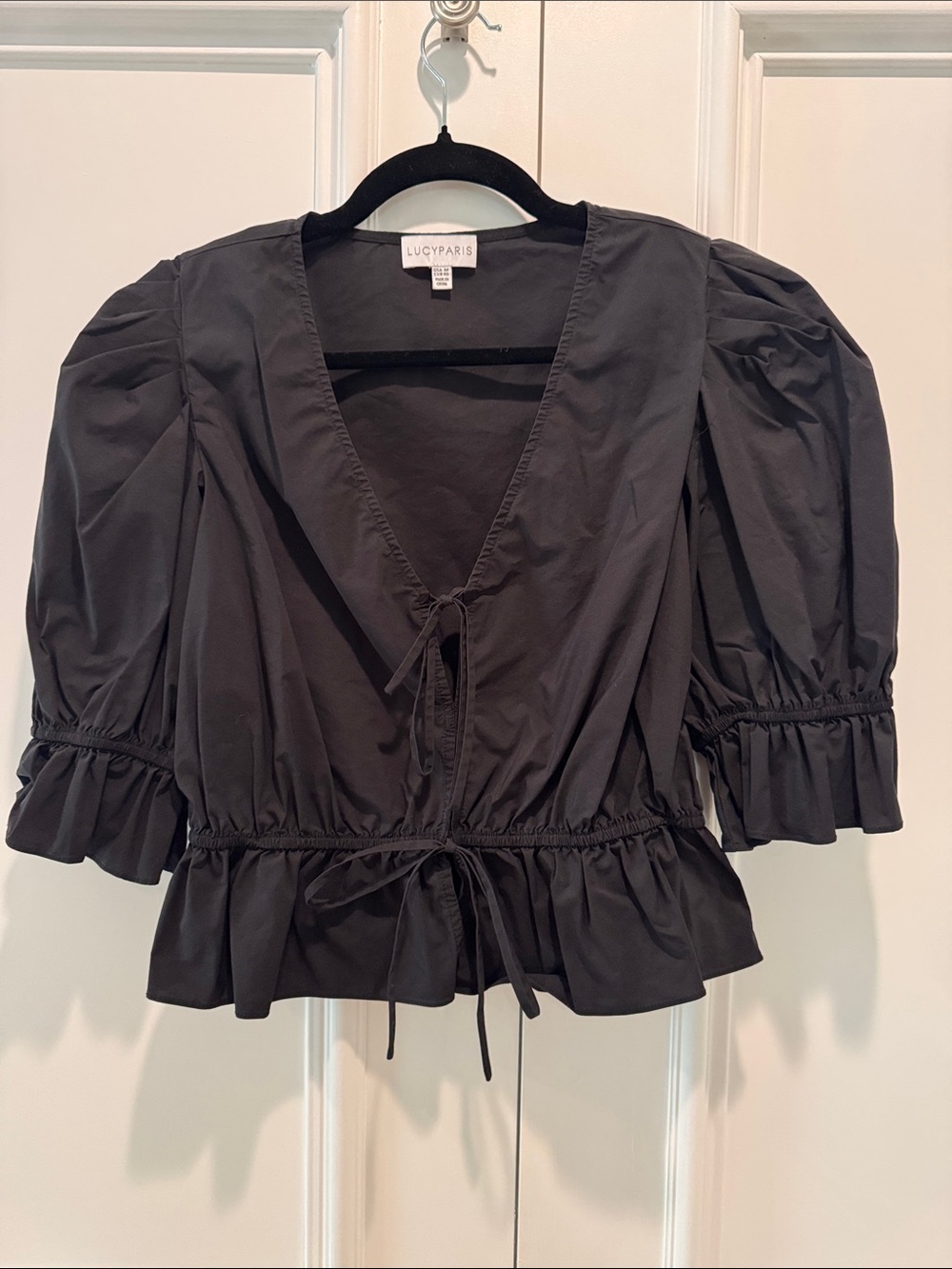 Lucy Paris Black V-Neck Puff Sleeve Tie-Front Blouse
